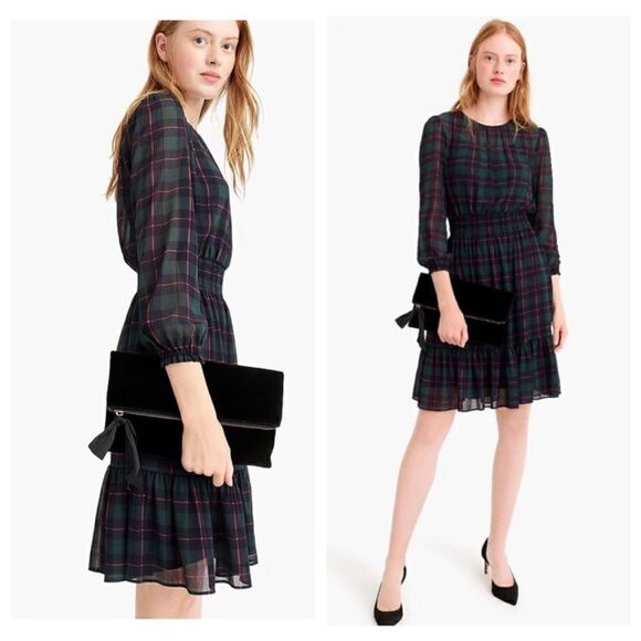 J. CREW Black Watch Plaid Drapey Long Sleeve Dress - Picture 1 of 16